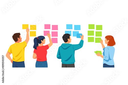 Team members work together on a project using colorful sticky notes in a bright room during a brainstorming session on a weekday afternoon