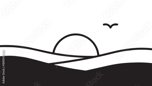 Serene Sunset Over Calm Ocean with Flying Seagull and Horizon View.