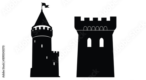 Two black castle towers stand against a white background silhouette