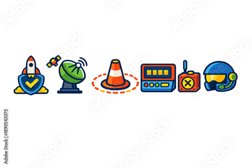 Icons showing space exploration, satellite technology, traffic control, and safety equipment used during missions and operations
