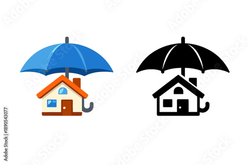 Icon showing a house under an umbrella in two styles, one colorful and one black, illustrating protection and safety for the home