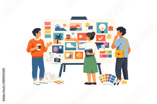 Team collaborates on a creative project in the office while discussing designs and ideas during the daytime