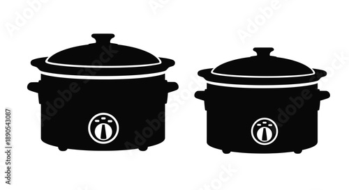 Two black slow cookers depicted in a stark silhouette