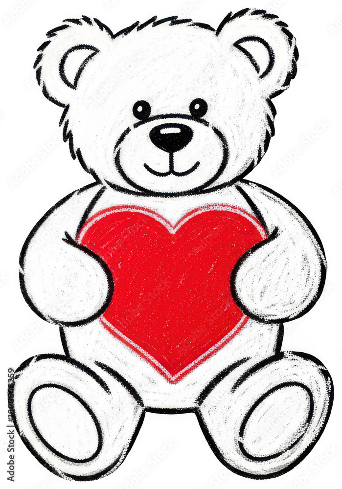 Obraz premium Valentine White fluffy teddy bear hugging a vibrant red heart on transparent background