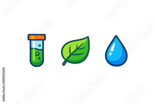 Science symbols showing a test tube with green liquid, a green leaf, and a blue drop of water in a simple layout
