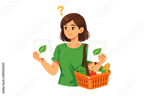Choosing between two eco-friendly products while shopping for groceries at a store during the day