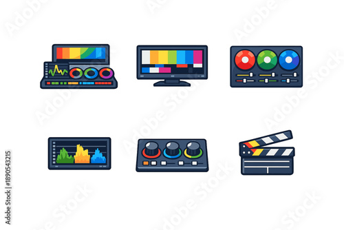 Various tools for video and audio editing displayed on a white background, including screens, monitors, and a clapperboard