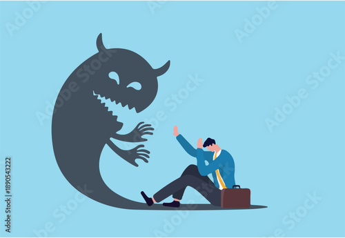 Fear, anxiety or panic attack, afraid of mistake, scared or nightmare suffering, depression or dread, worry or trouble causing distraught concept, fearful businessman afraid of evil monster shadow.