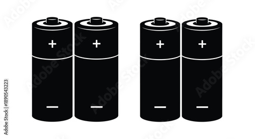 Four black batteries displayed in a simple arrangement silhouette