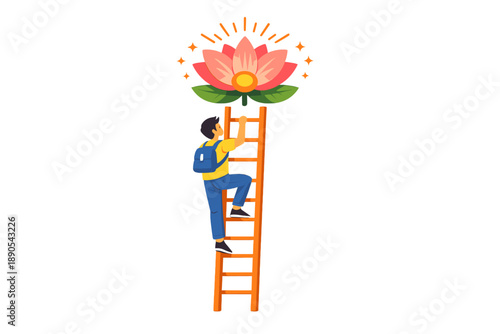 Person climbs a ladder to reach a pink flower above in a simple illustration that shows effort and aspiration