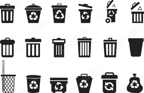 20 trash can, recycling bin icons. Minimal waste management symbols