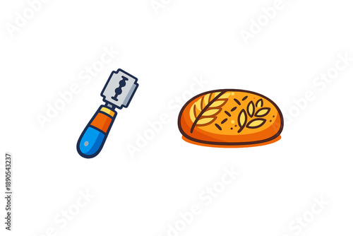 Baking activity in the kitchen with a razor tool and shaped bread loaf before the oven at a home setting