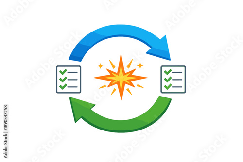 Symbols show two arrows in blue and green moving in a circular direction around a star with check marks and lists, indicating a task management or project workflow process