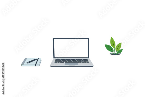 Laptop sits on a desk next to a notebook and a pen with a small plant nearby during a daytime indoor scene