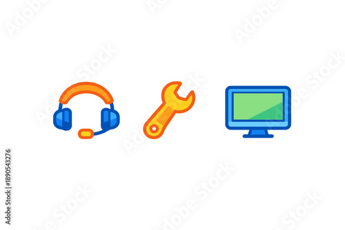 Icons represent support, tool, and computer in a simple and direct layout for service-related tasks in technology