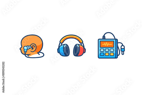 Listening devices and sound equipment show different types of audio technology used for sound monitoring and assistance