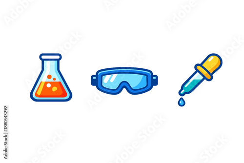 Colorful lab equipment including a flask with orange liquid, safety goggles, and a dropper with blue liquid is shown in a simple design