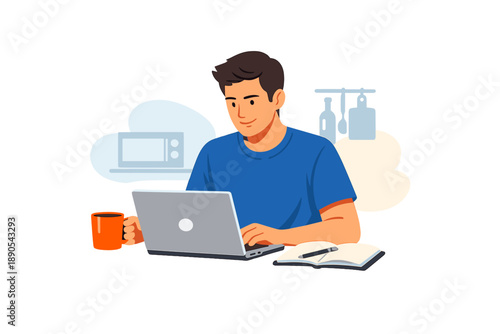 Young man working on laptop in a home office while sipping coffee and taking notes in a notebook during morning hours