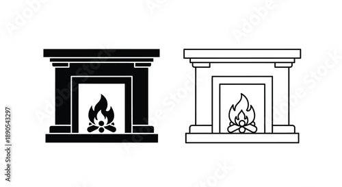 Two fireplace icons one black and one white with a flame silhouette