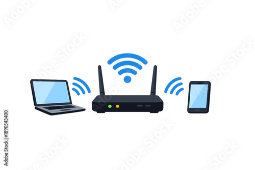 Devices connect to a router displaying wireless signals with a laptop and smartphone placed next to it in a digital layout