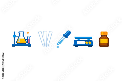 Laboratory equipment used for experiments including test tubes, a dropper, a scale, and a bottle