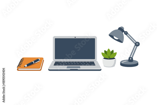 Workspace setup with laptop, notebook, pen, plant, and desk lamp for daily tasks and productivity