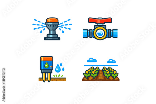 Illustration shows various tools and systems used for irrigation and water management in agriculture