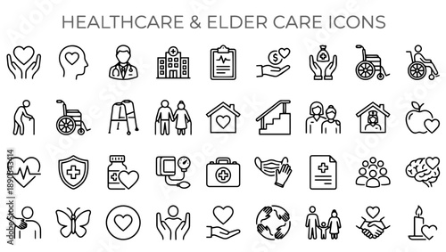 Healthcare & Elder Care Icon Set – 30+ Minimalist Line Icons, healthcare icons, medical icons, elder care icons, wellness icons, caregiving icons, hospital icons, doctor icons, nurse icons, 