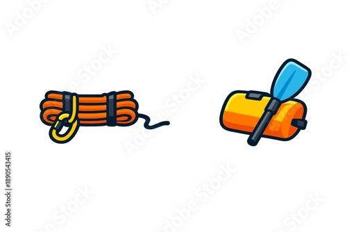 Rope and paddle placed on a white background showing equipment for outdoor activities like kayaking or rafting