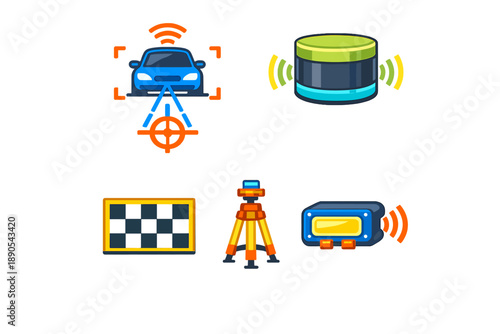 Different tools and symbols showing technology used in surveying, mapping, and vehicle detection in a modern city setting at daytime for urban planning