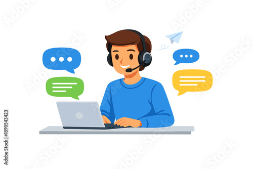 Young person with headset talking on laptop while interacting with chat messages in a digital workspace in a bright environment during the daytime