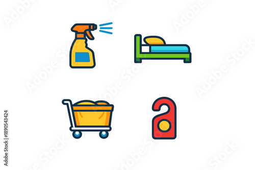 Cleaning supplies and a bed used in a hotel room setting with a cart for laundry in the hospitality industry during daylight hours