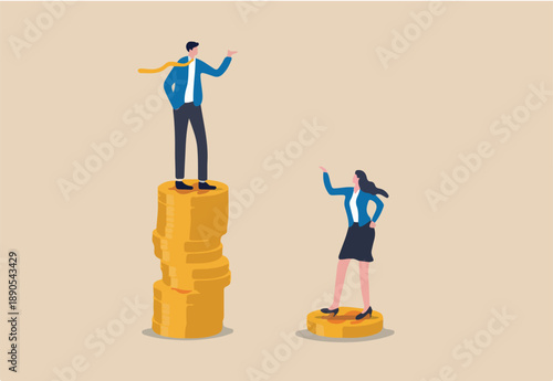 Gender pay gap, inequality between man and woman wage, salary or income, issue about gender diversification concept, businessman standing on much more paid money coins, woman on less small income coin