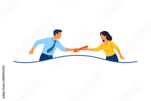 Two people exchange a baton during a relay race in a clear scene that focuses on teamwork and cooperation in a competitive environment