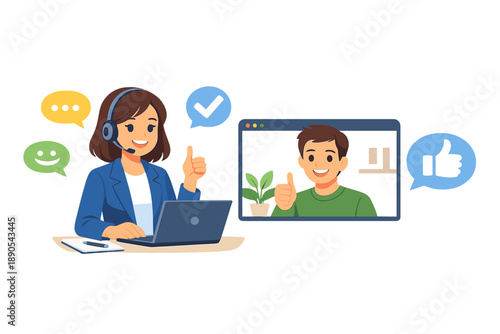 Person in a headset talks to another person on a video call while both give thumbs up