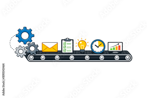 Conveyor belt shows different tasks and tools related to productivity and organization in an office setting at a modern workplace