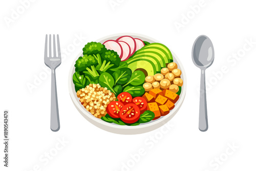 Healthy salad with greens, tomatoes, and chickpeas on a plate with utensils on a white background in a bright setting
