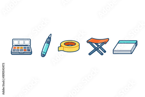 Different art supplies are arranged on a plain background showing a watercolor palette, a marker, tape, a folding chair, and a sketchbook for drawing