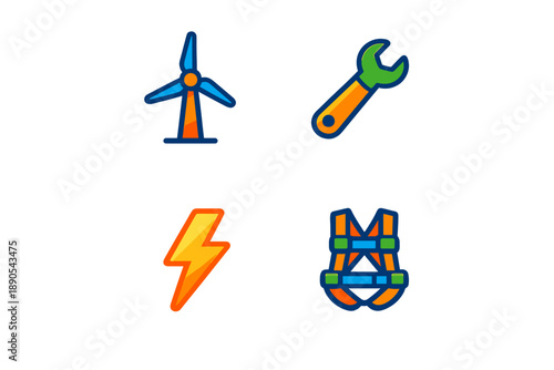 Various symbols representing energy production, tools for maintenance, and safety equipment used for wind energy technology