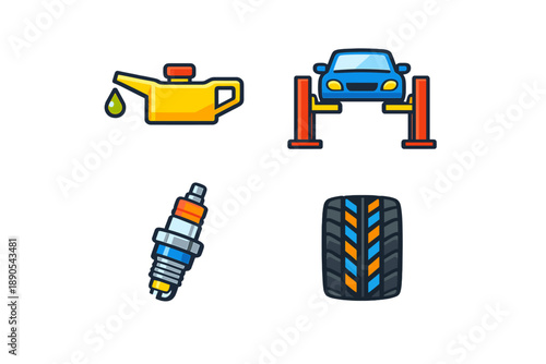 Car maintenance tools and parts are displayed with oil, a car on a lift, a spark plug, and a tire for vehicle repair and servicing needs