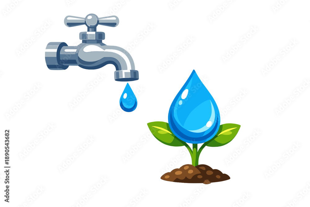 Fototapeta premium Water drops from a faucet fall onto a small plant in soil during a sunny day