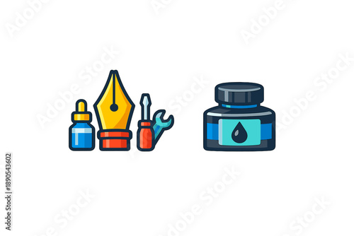 Stationery items including a fountain pen, tools, ink bottle, and dropper displayed on a plain background during daylight