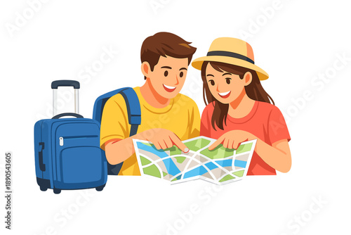 Couple planning a trip while looking at a map with luggage nearby in a bright setting