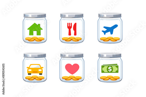Different jars hold coins for specific savings goals like home, food, travel, car, love, and money in a simple layout