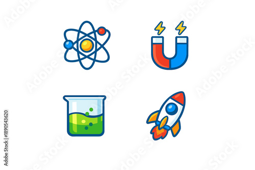 Colorful icons represent scientific concepts like atoms, magnets, liquids, and rockets, illustrating the fundamentals of science and technology education