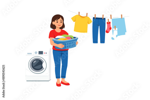 Woman holds laundry basket while standing next to washing machine with clothes drying on a line in a simple home setting during daytime