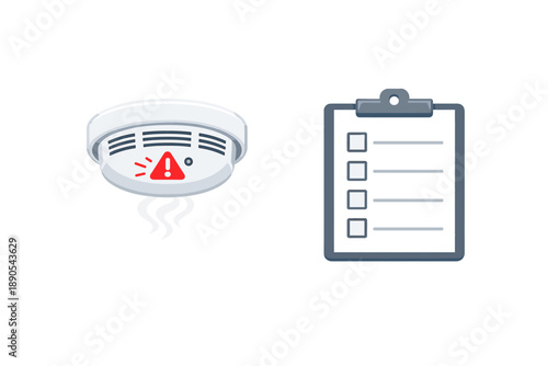 Smoke detector alerts user with warning signal while checklist is ready for safety tasks in home environment