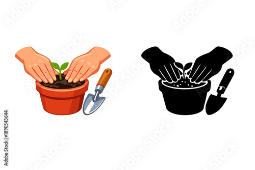 Hands planting a small plant in a pot and hands preparing soil in a bowl with garden tools in two different styles at day time