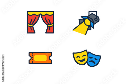 Different symbols of theater, including curtains, a spotlight, a ticket, and masks, represent the various elements of stage performances and theatrical arts