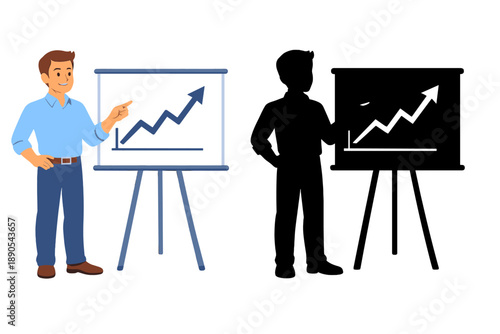 Business presentation shows a man pointing to a growth chart while another person stands next to a dark silhouette of a chart during a meeting in an office setting